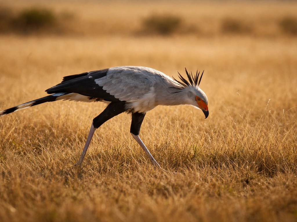 Secretary bird on open savannah grassland actively hunting with head lowered and one foot forward.