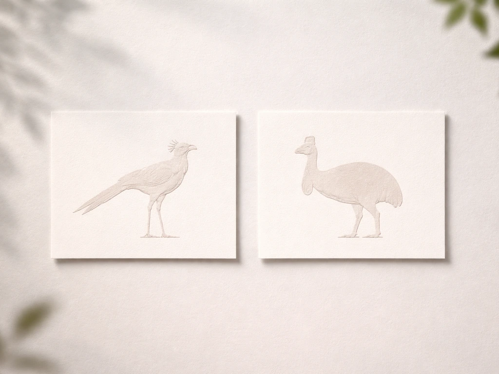 Minimal desk scene with two natural-history cards side by side, showing bird silhouettes for comparison