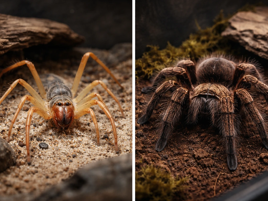 Side-by-side photo of a camel spider and a goliath bird-eating tarantula showing different body shapes and leg posture.