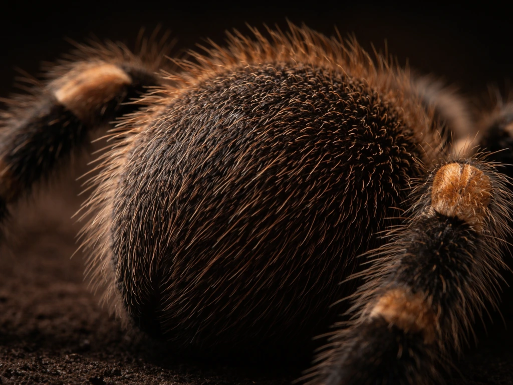 Close-up of a tarantula abdomen and leg hairs, showing fine bristles against a simple dark background.