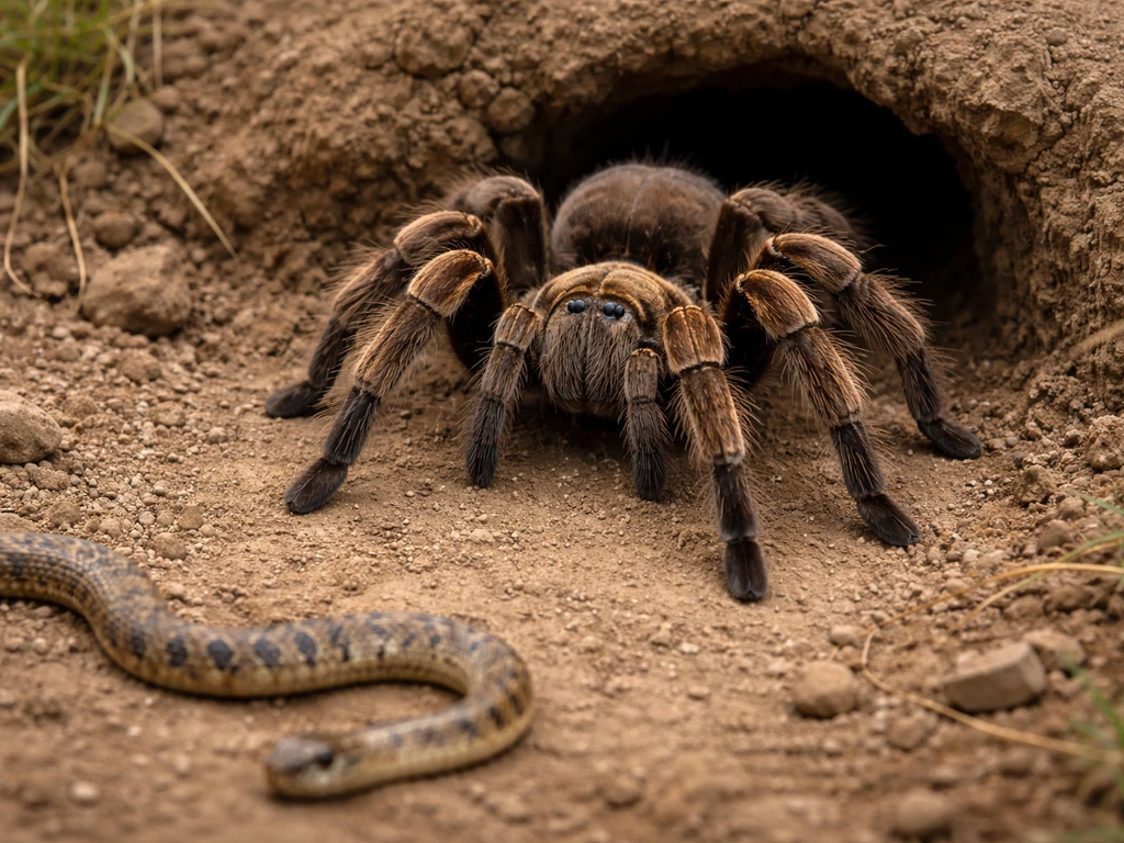 Large tarantula poised near a burrow entrance on dirt, with a small snake prop for scale.