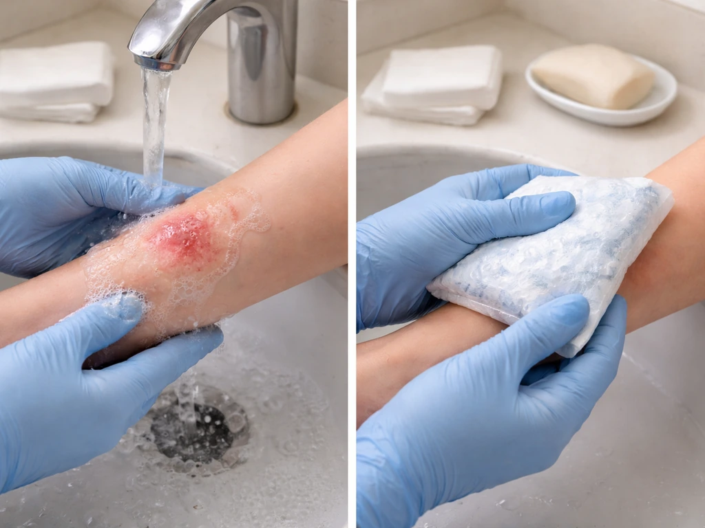 Close-up of hands washing a small bite on a forearm and placing a cold pack to ease pain