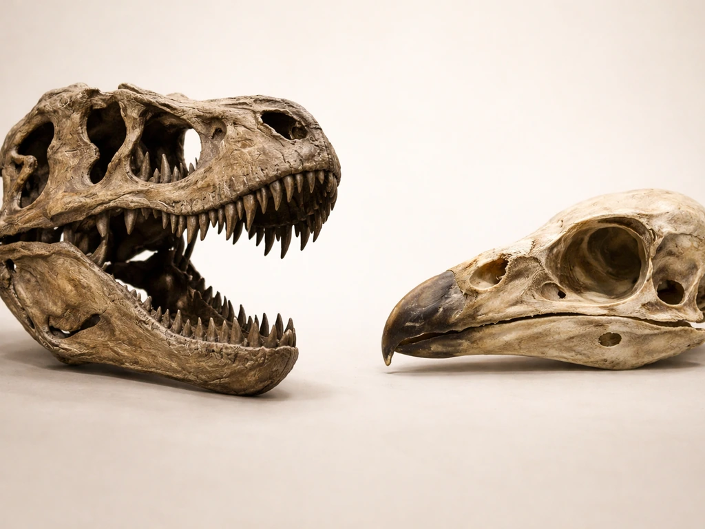 Side-by-side close-up of a T. rex skull with teeth and openings vs a bird skull with shallower depth.