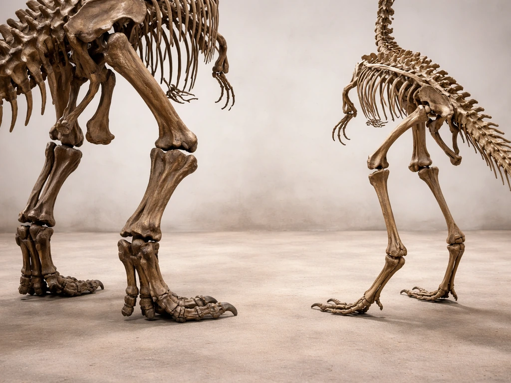 Side-by-side comparison of a T. rex-like dinosaur and a bird with contrasting pelvis and hindlimb shapes, minimal backgr