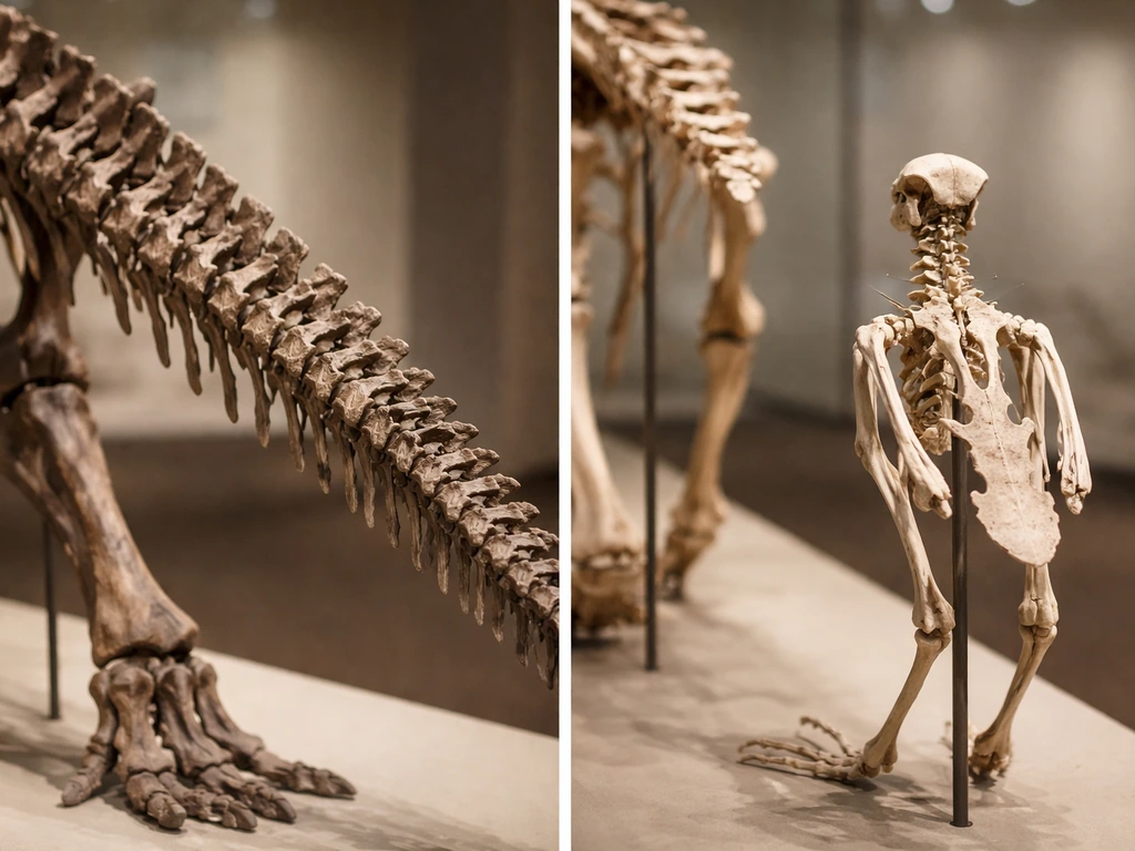 Side-by-side fossil tails: T. rex long jointed caudal vertebrae versus bird’s compact pygostyle.