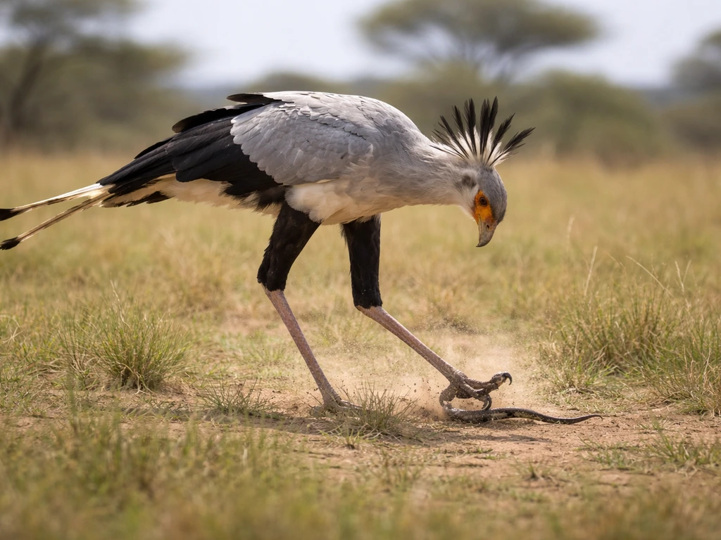 Secretary bird stomping a snake in open savanna grass, capturing the moment of precise targeting.