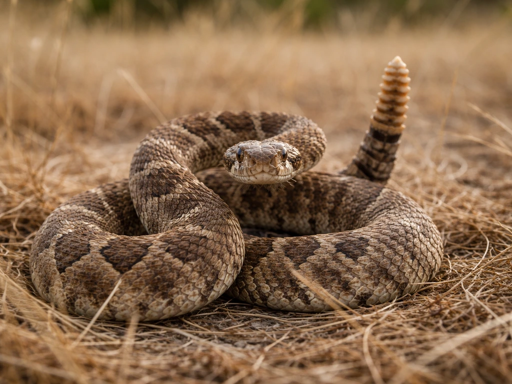 Coiled rattlesnake in ambush posture on dry grass, rattle visible and head poised to strike.