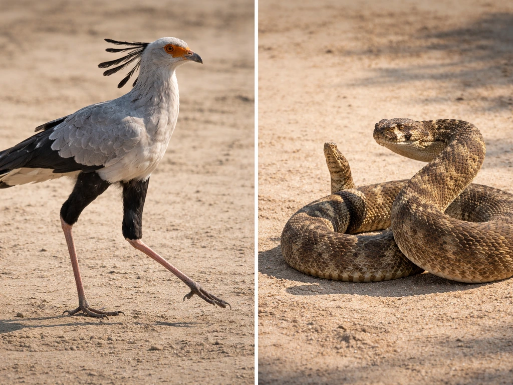 Side-by-side view of a secretary bird’s long legs stomping and a rattlesnake coiled in strike posture.