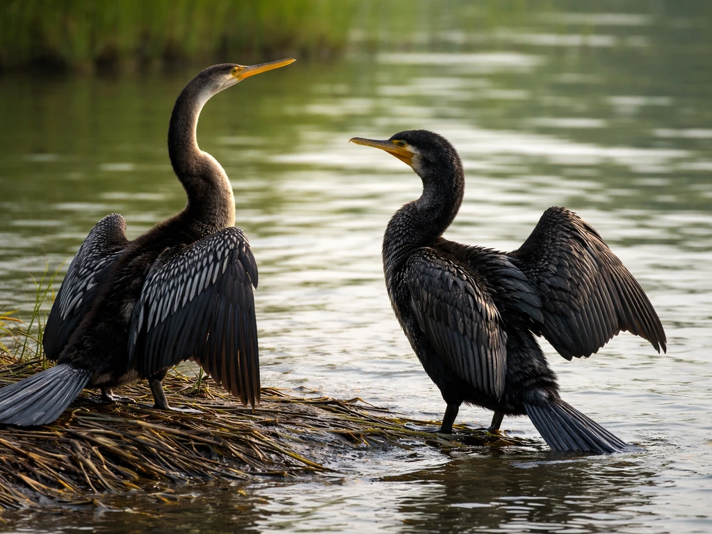 Anhinga with long thin neck and dagger bill beside a cormorant near shore, wings drying