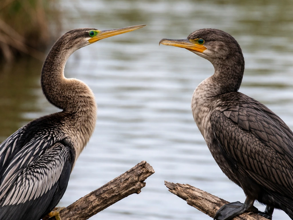 Side-by-side Anhinga and cormorant showing dagger-like bill and long thin S-curved neck vs hooked bill.