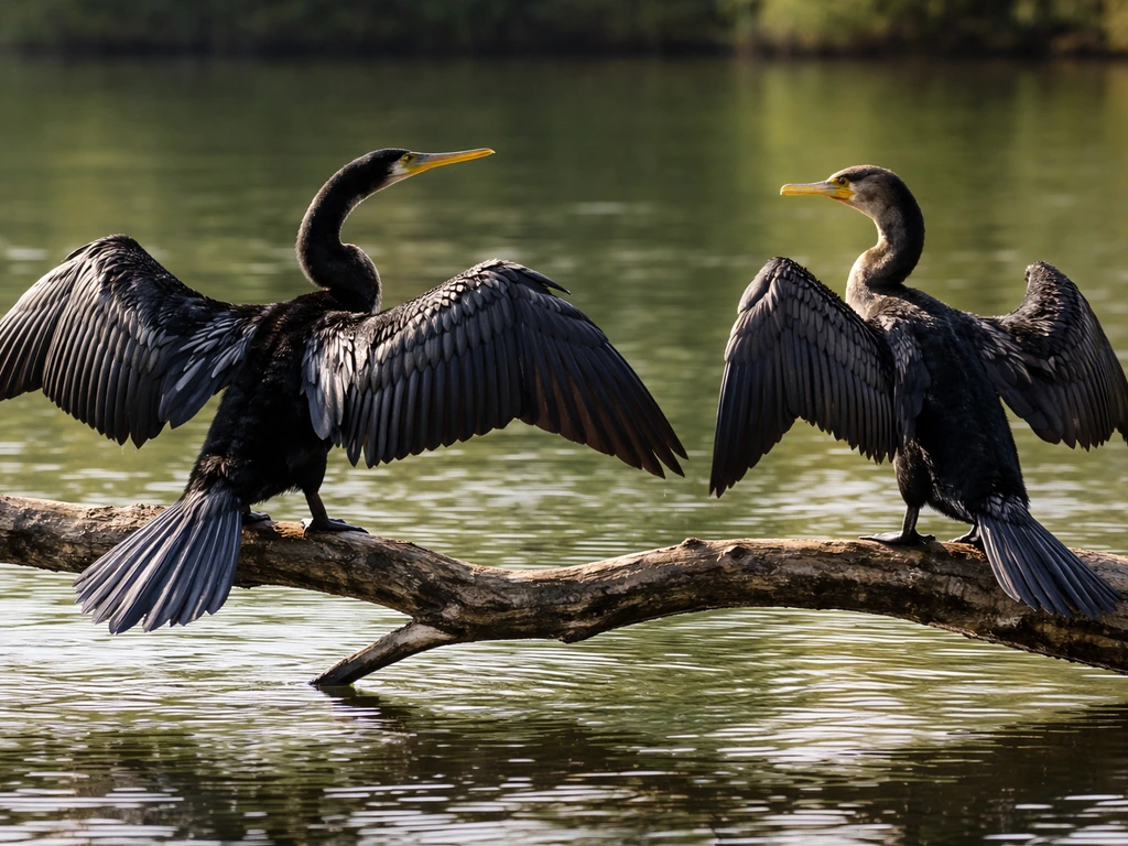 Anhinga and cormorant perched side-by-side on a branch, wings spread after diving