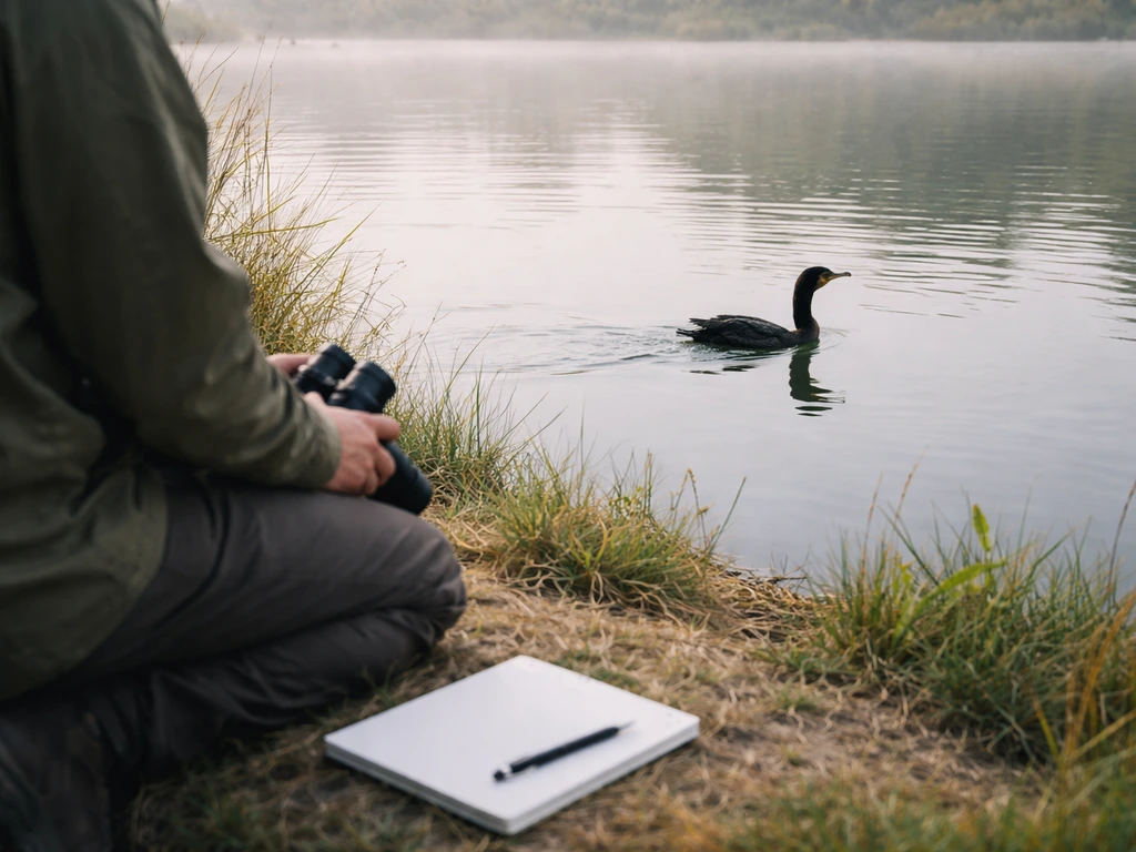 Field biologist kneeling by a pond with a binocular and notepad near a dark long-necked waterbird