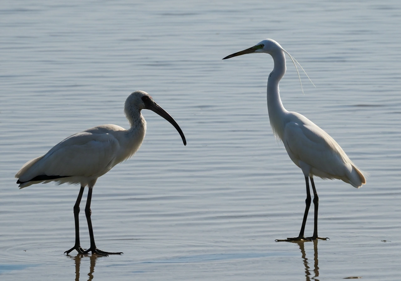 Two wading birds—ibis and egret-like—standing side-by-side in shallow water, clearly showing bill and neck posture.