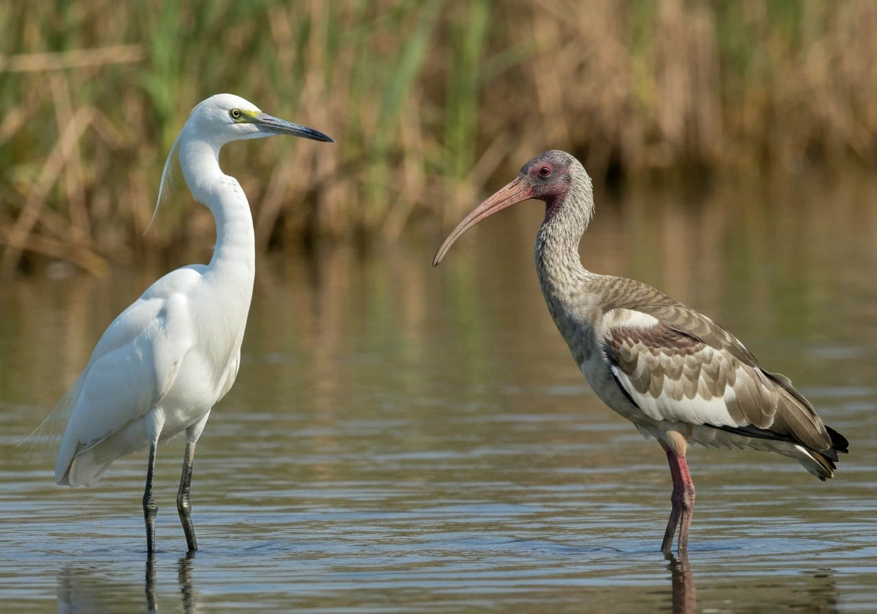 White egret and a variably colored ibis near shallow water, highlighting plumage and dark facial skin.