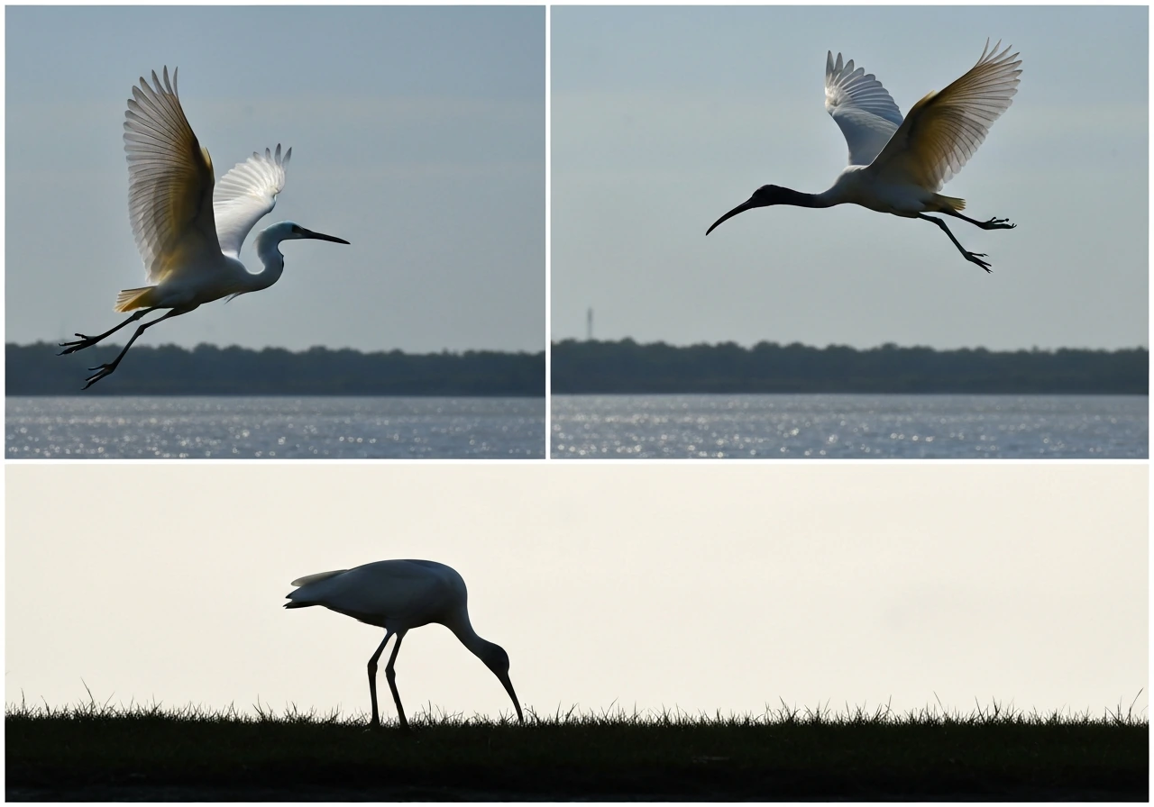 Side-by-side flight silhouettes: egret neck S-curve vs ibis neck forward, with a simple foraging stance cue.