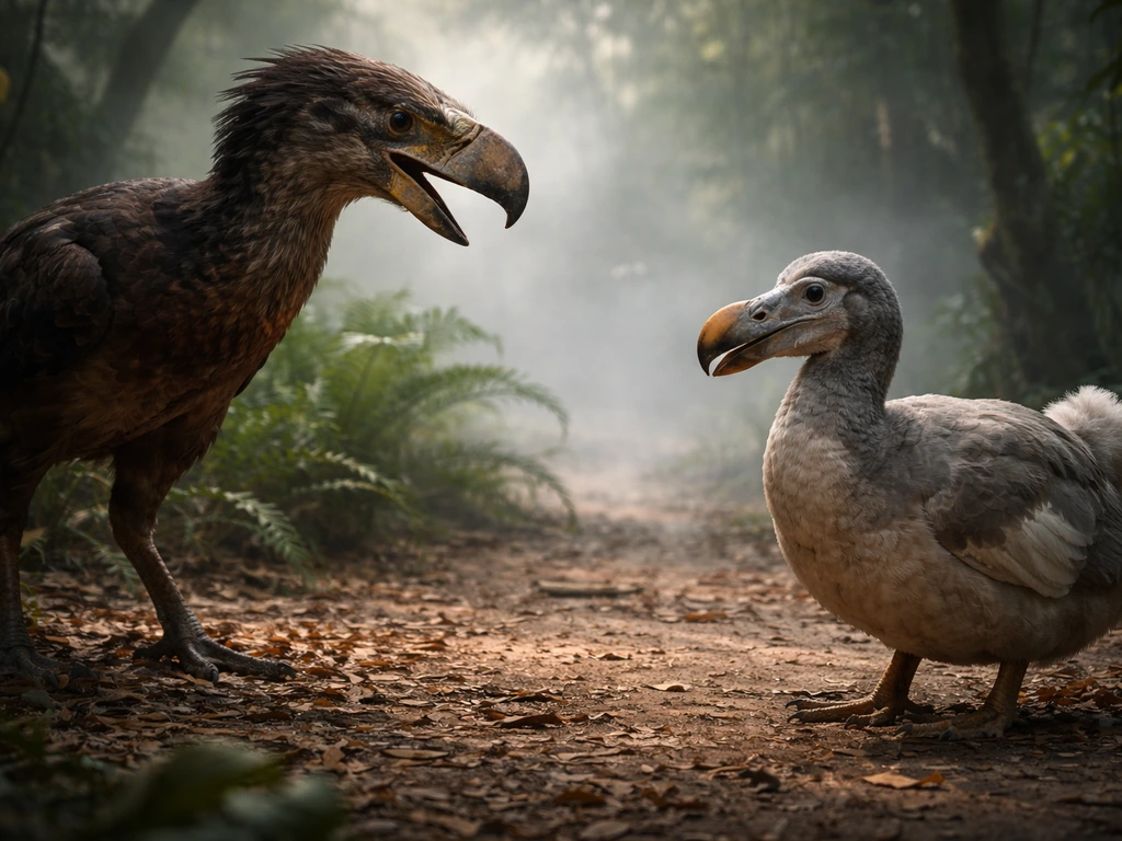 Two prehistoric birds face off—terror bird with hooked beak and dodo with rounded body in a natural setting.