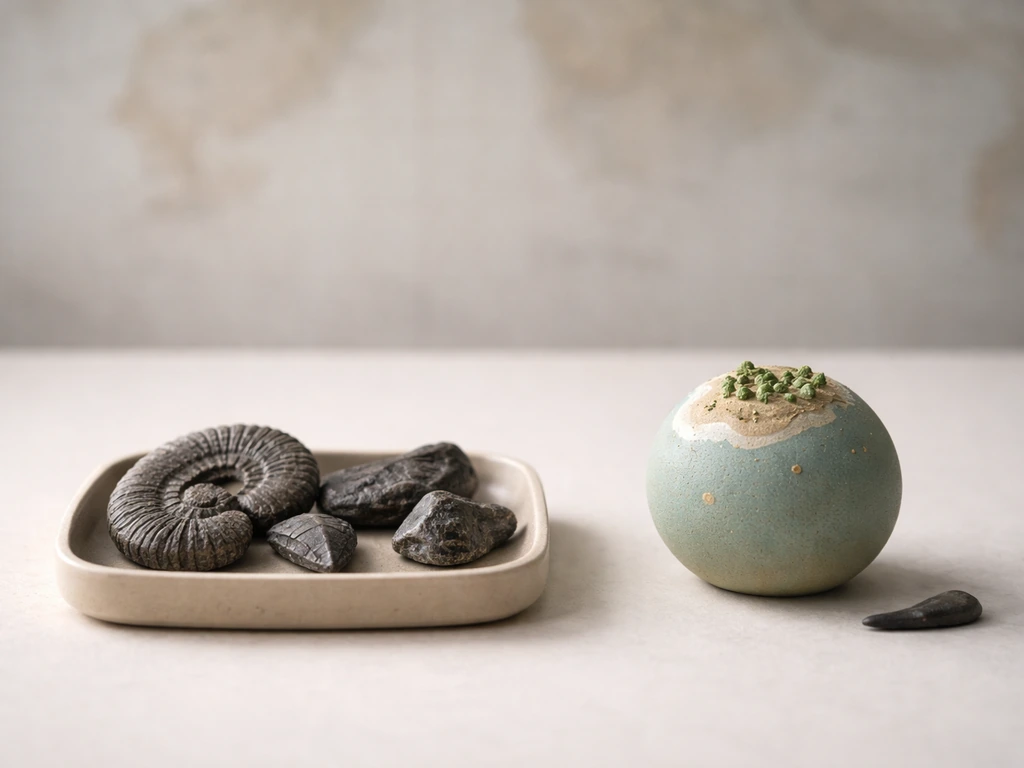 Minimal tabletop scene with fossil stones and a small globe-like sphere suggesting regional ranges.