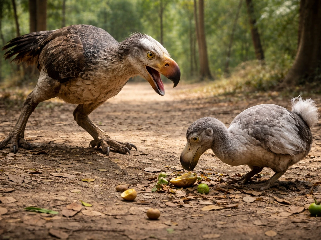 Terrible terror bird striking at ground prey while a dodo forages on fallen fruit nearby