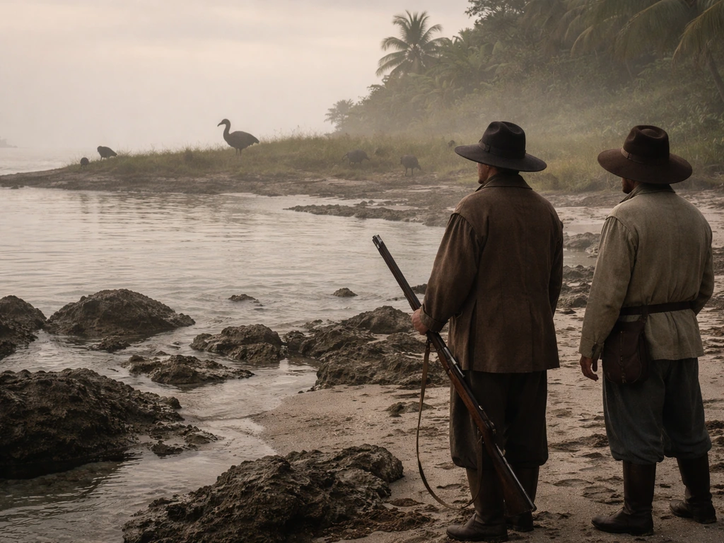17th-century Dutch settlers on Mauritius near a small island shoreline, with a distant dodo silhouette in mist.