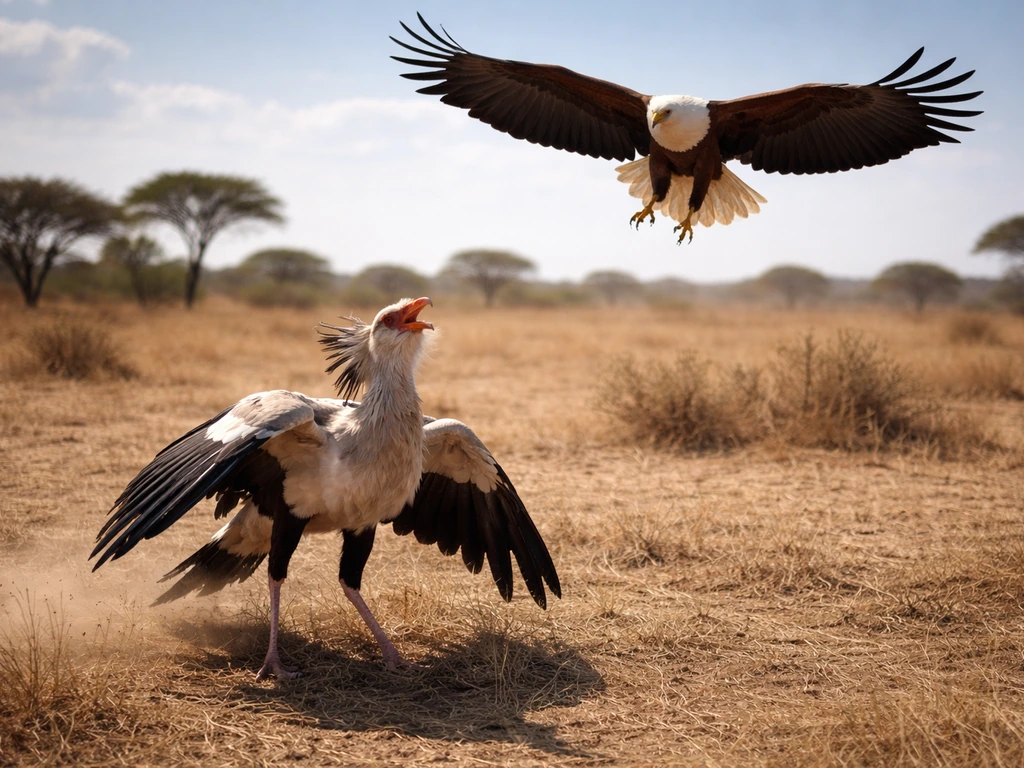Secretary bird on the ground facing an eagle flying overhead in a dramatic savanna standoff.