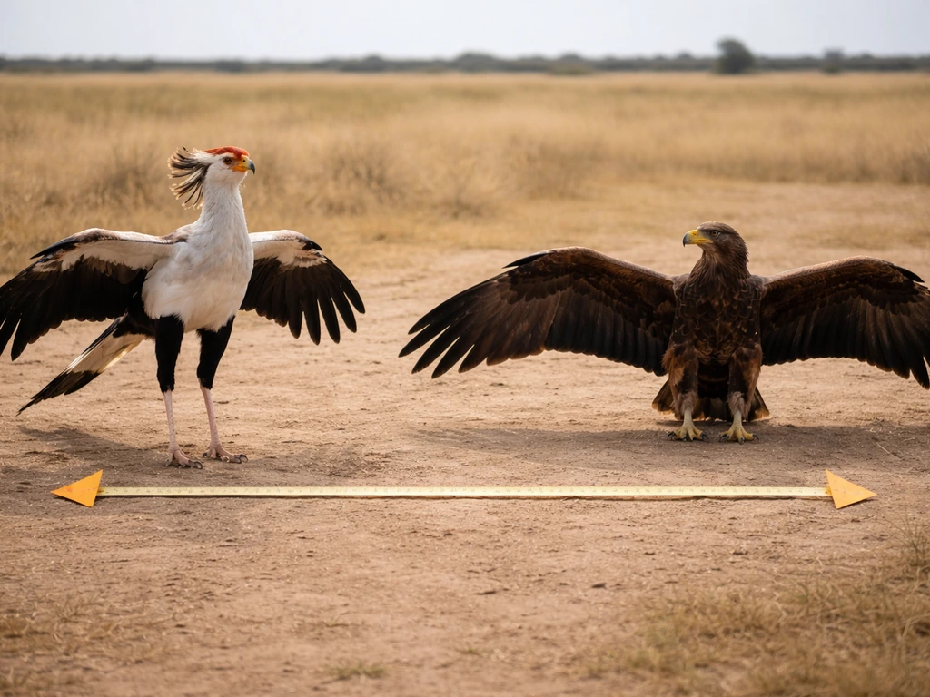 Secretary bird and an eagle stand side-by-side on a savanna with a measuring tape indicating size and wingspan.