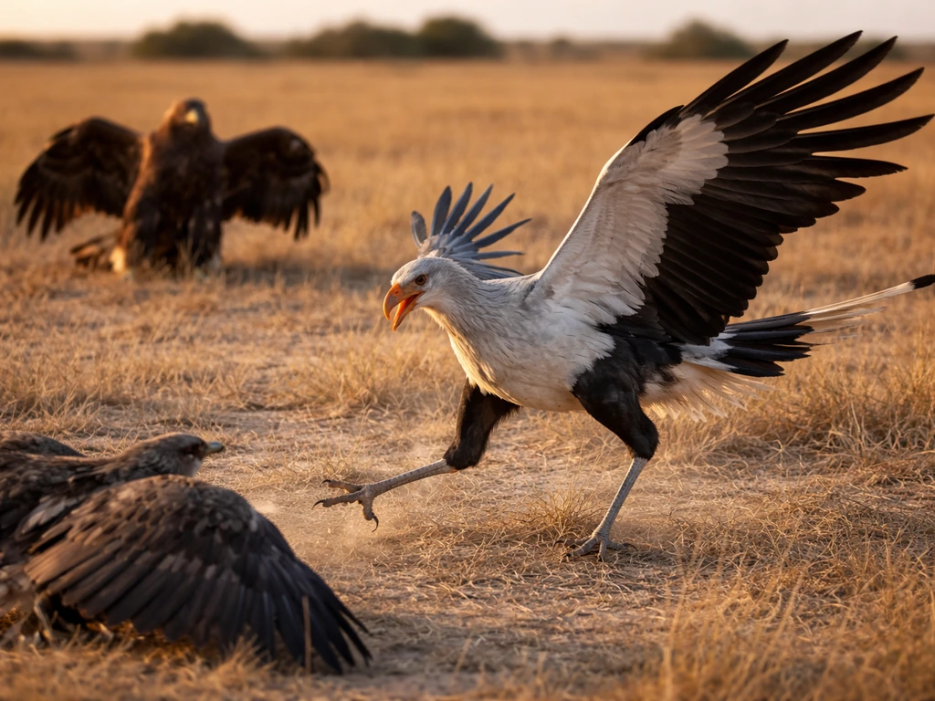Secretary bird fiercely lunging at an intruding raptor while an eagle shows territorial aggression nearby.