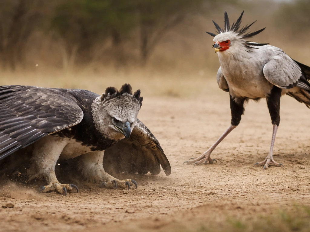 Secretary bird and harpy eagle poised on open ground, close-range standoff with dust and feathers.