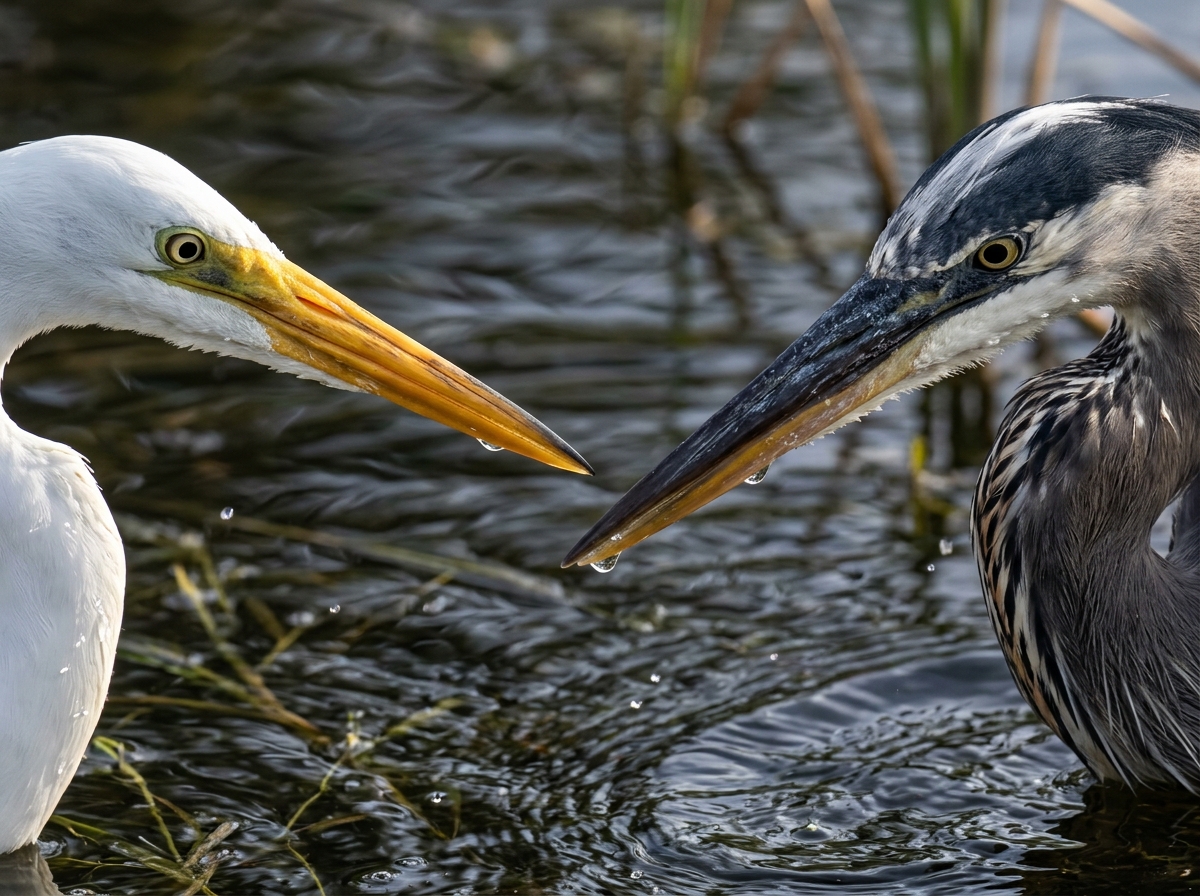 Side-profile comparison showing size, neck, and posture differences among egret and heron birds