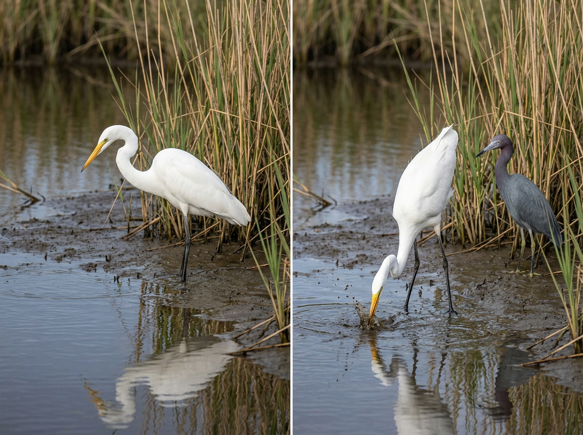 Closeup comparison of yellow egret bill versus darker blue heron bill
