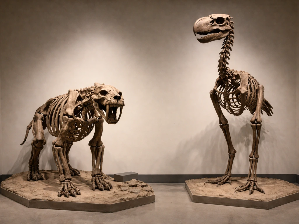 Museum display showing contrasting reconstructions of Smilodon and a bipedal terror bird silhouette.