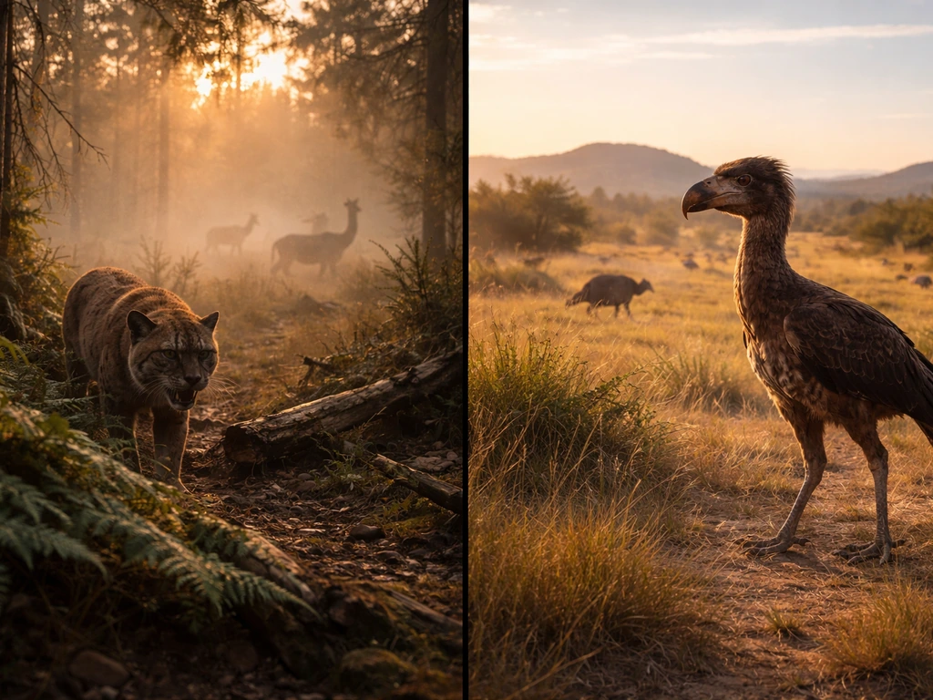 Smilodon in late Pleistocene forest with deer and tapir-like prey silhouettes; a separate South American ground bird hab