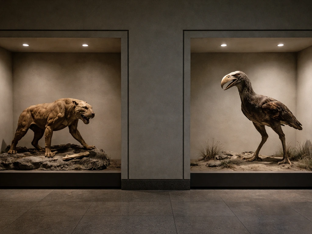 Minimal museum scene with two separate extinct predator displays suggesting different time periods.