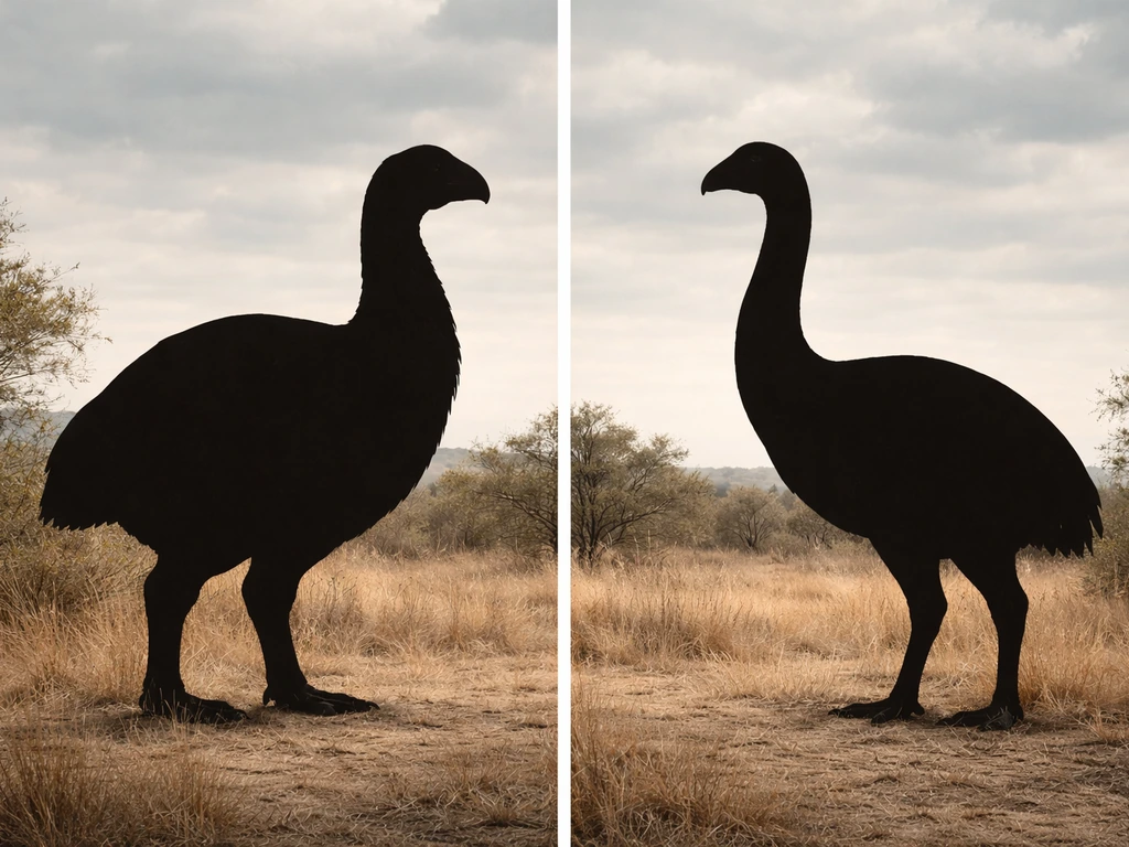 Side-by-side silhouettes comparing Vorombe titan and elephant bird proportions and size