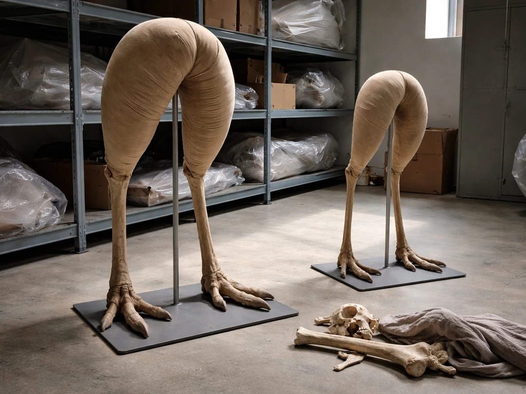 Museum storage scene with two unlabeled mannequin supports showing one “ratite” sized much larger and thicker-limbed.