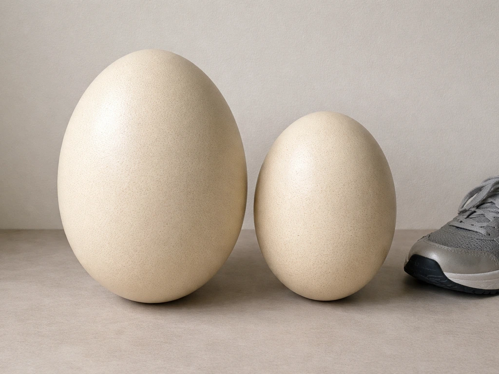 Two giant prehistoric eggs on a tabletop with a sneaker for scale, highlighting their size difference.