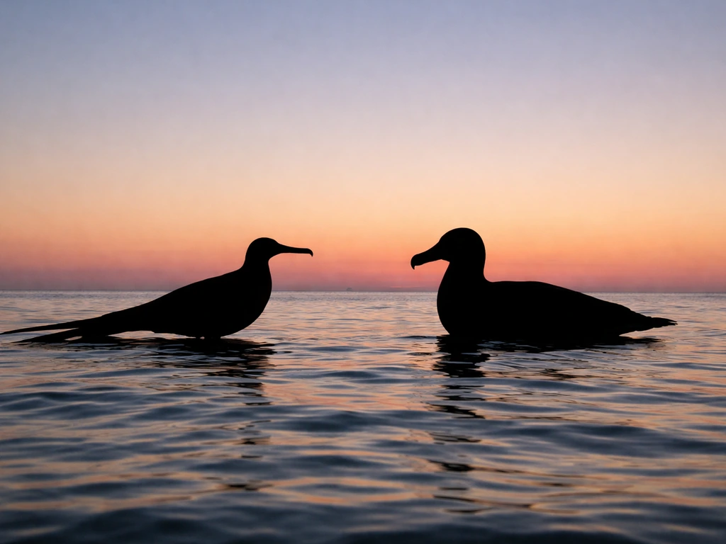 Minimal side-by-side silhouettes of two seabirds against a calm ocean, highlighting slender vs bulky profiles.