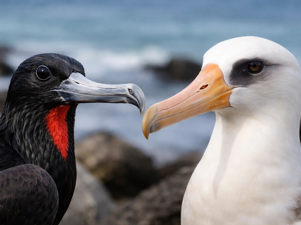 Close-up of two seabirds’ heads showing hooked bills and different head-neck shapes in natural light.