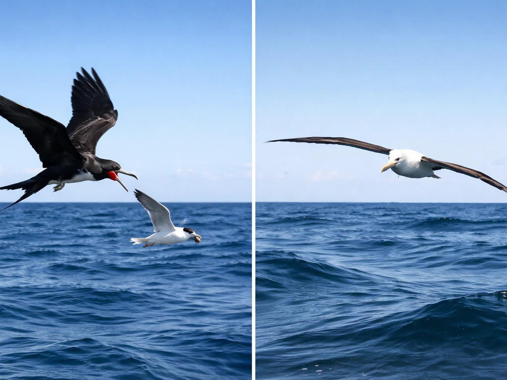 An adult frigatebird in flight chasing another bird, contrasted with an albatross gliding over open ocean.