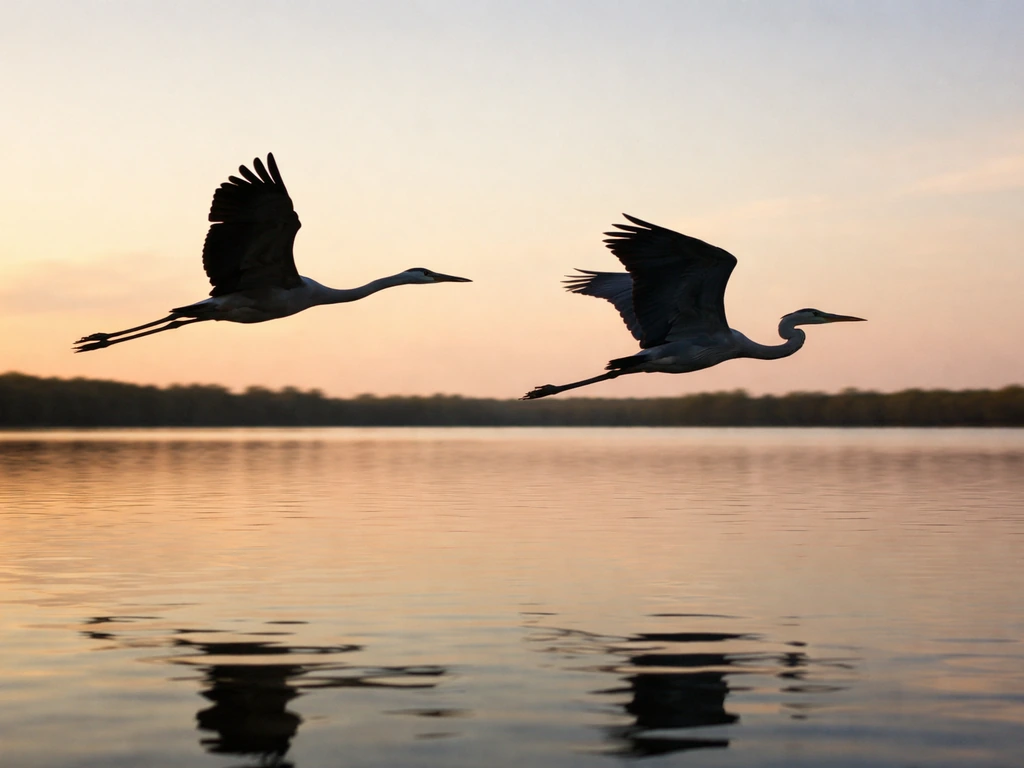 A crane and a blue heron in flight, showing contrasting neck posture and long legs