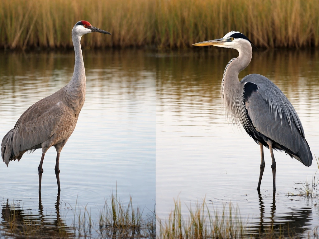 Sandhill crane and great blue heron standing side-by-side in a quiet wetland for body-shape comparison.