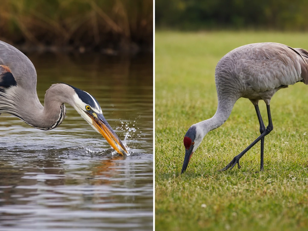 Great blue heron spearing with its daggerlike bill; sandhill crane foraging on open ground