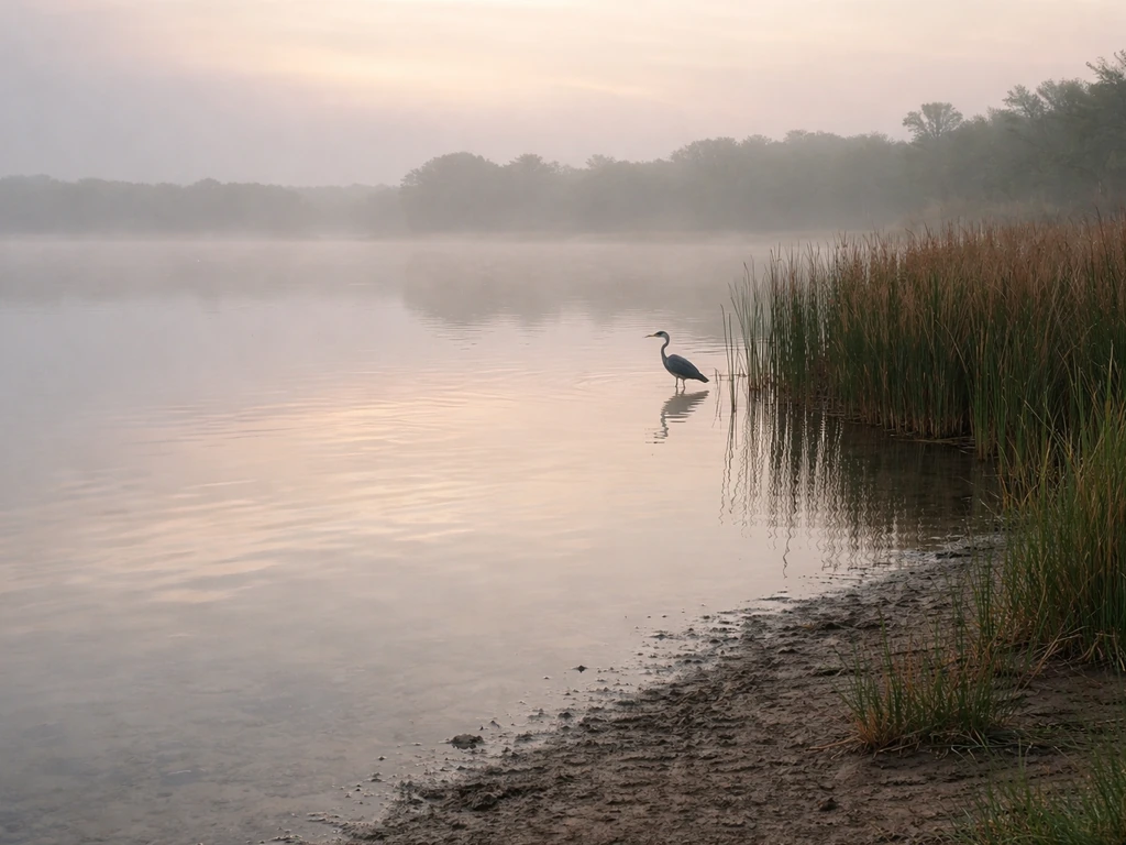 Minimal wetland shoreline with a long-legged heron silhouette in shallow water and reeds.