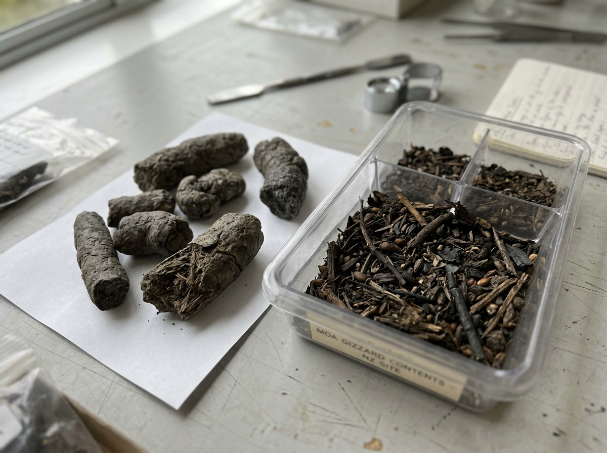 Close-up of moa bones including lower leg bone on a table