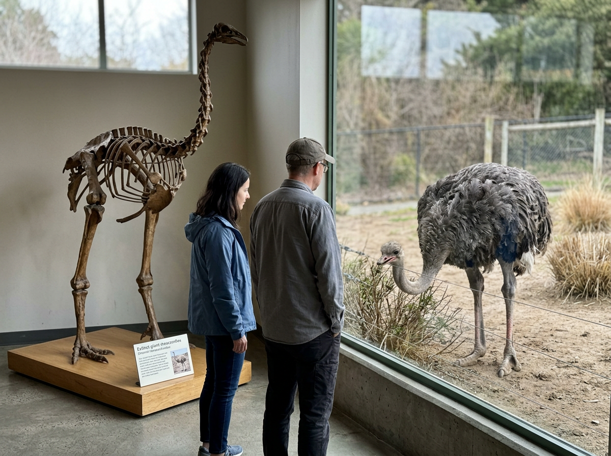 Side-safe handler stance near an ostrich with leg visible