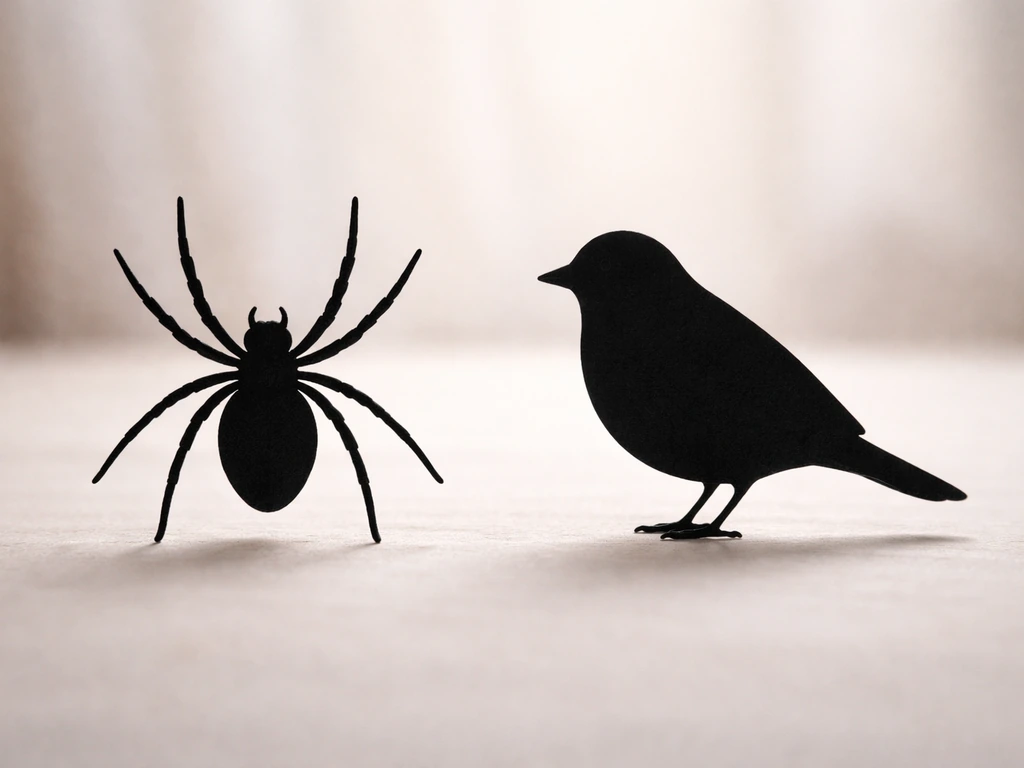Close-up photo-like comparison of spider two-part body with narrow waist versus smooth bird body silhouette