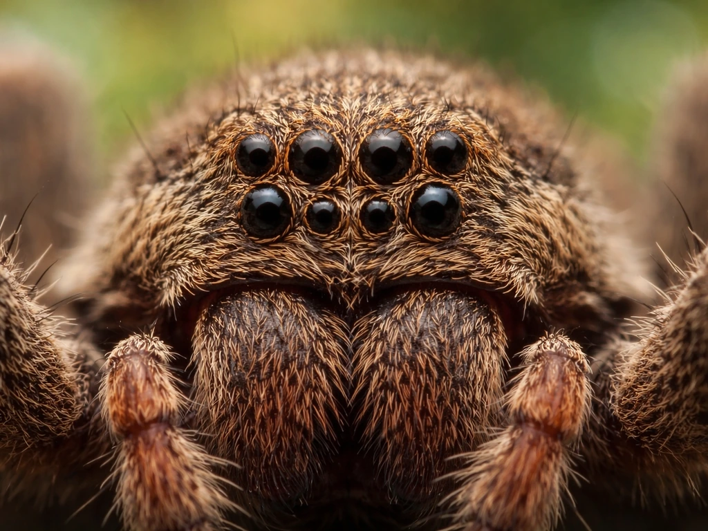 Extreme close-up of a spider’s face area with tiny eyes arranged in neat rows