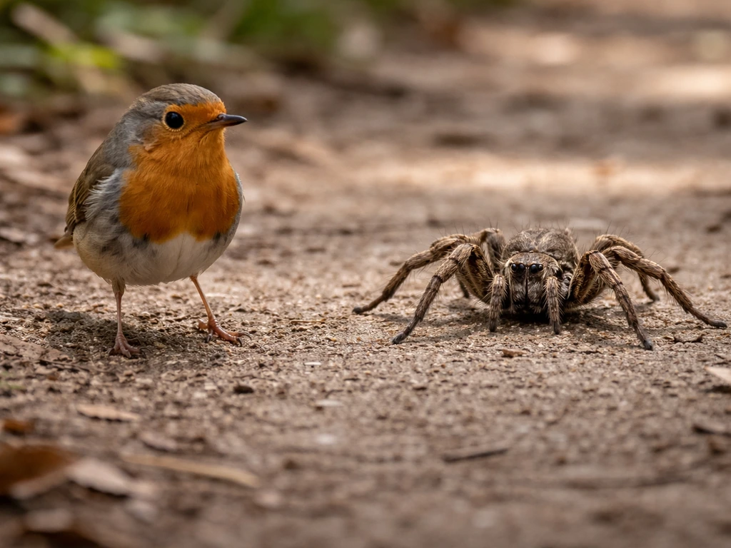 A bird walking upright on two legs beside a spider creeping low on the ground.
