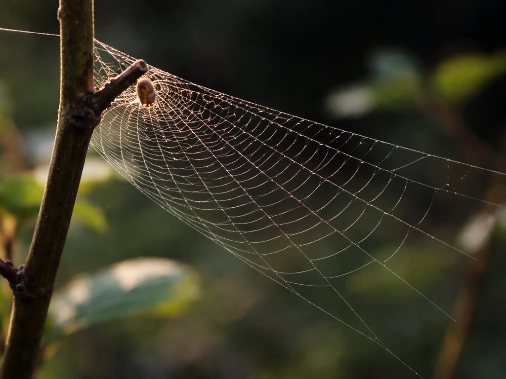 Close-up of a spider on a web attached to a small plant stem, with soft blurred background.