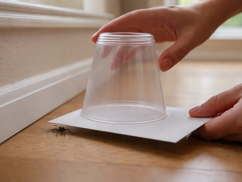 Close-up of an indoor spider being gently guided into a clear container using a card.