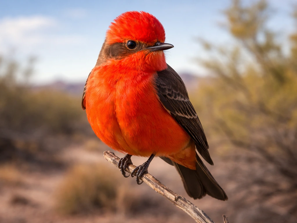 Close-up of a vermilion flycatcher perched against soft desert sky for an ID comparison.